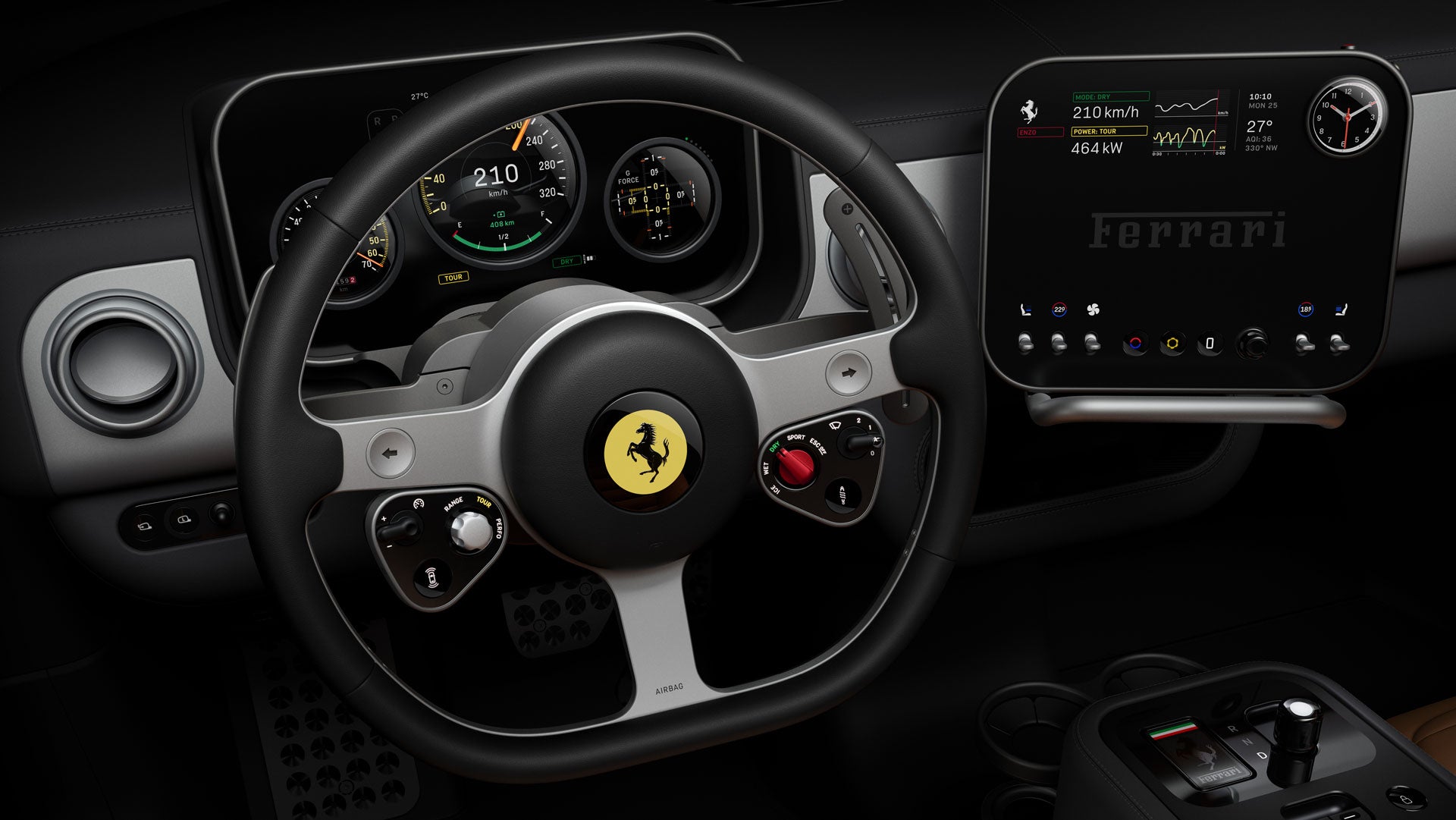 Interior view of a Ferrari showing the steering wheel with its yellow logo, digital dashboard, and passenger's infotainment screen.