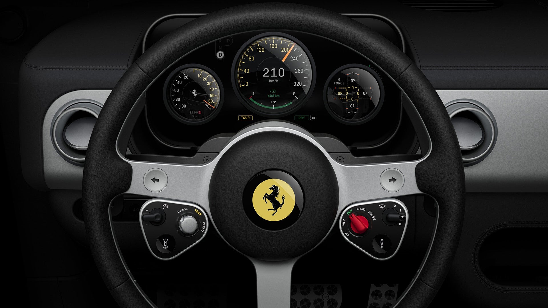 A high-resolution dashboard of a car with a black steering wheel, showing a speedometer, tachometer, and G-force meter.