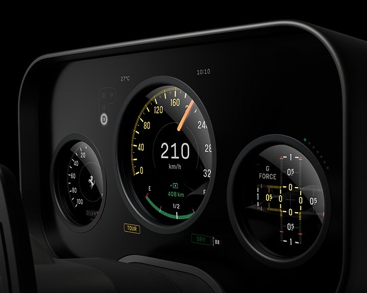 Digital car dashboard with speed of 210 km/h, G-force display, and other gauges.